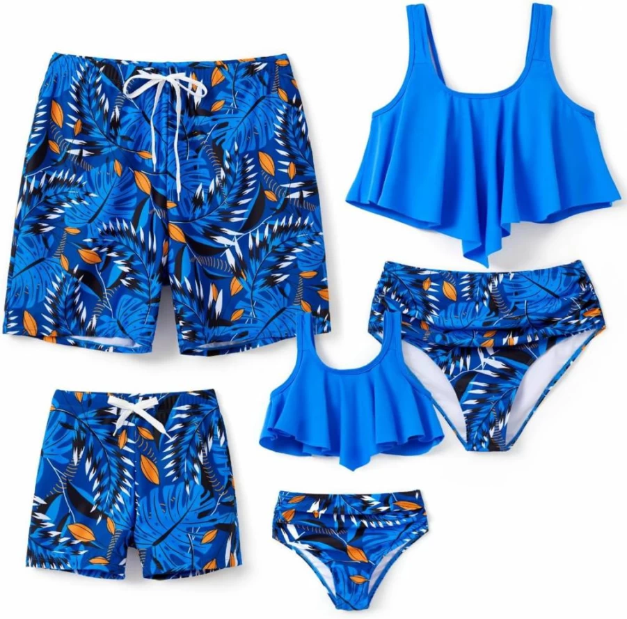 PATPAT Family Matching Swimsuits: Mom & Kids Hawaiian Tropical Bikini & Swim Trunks Set for Beach Vacations