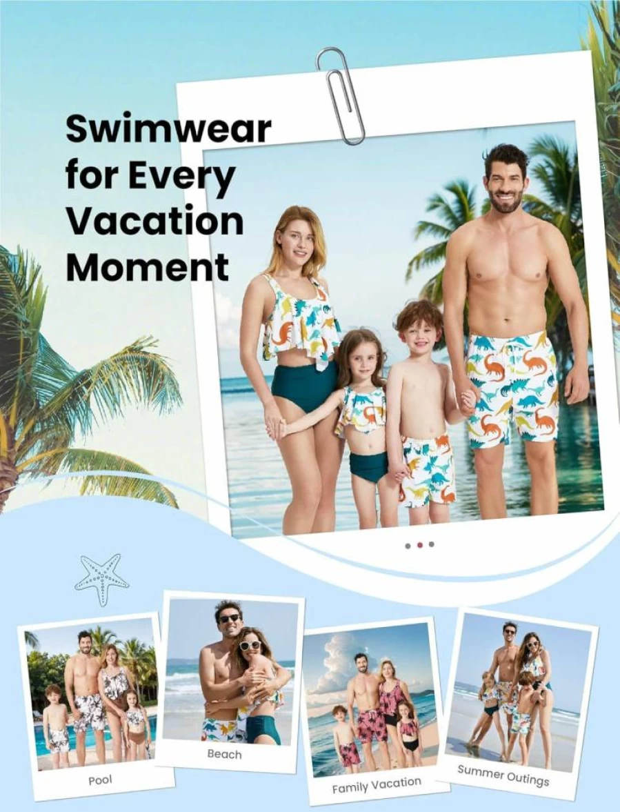 PATPAT Family Matching Swimsuits: Mom & Kids Hawaiian Tropical Bikini & Swim Trunks Set for Beach Vacations