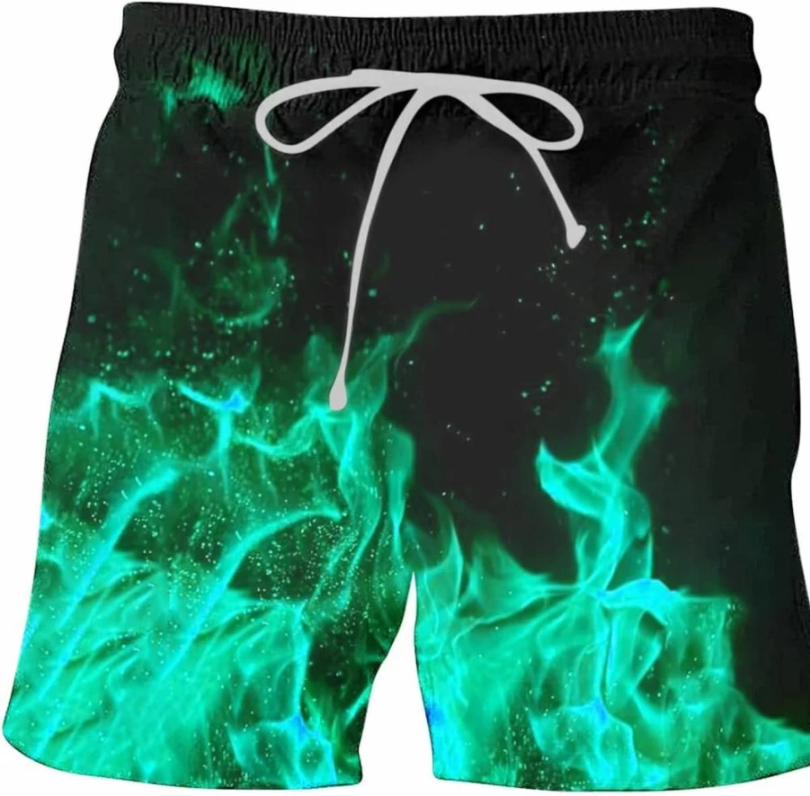 Men's Quick-Dry Swim Shorts with 3D Flame Print - Lightweight Board Shorts for Swimming & Beach - Hawaii Style Bathing Suit Trunks