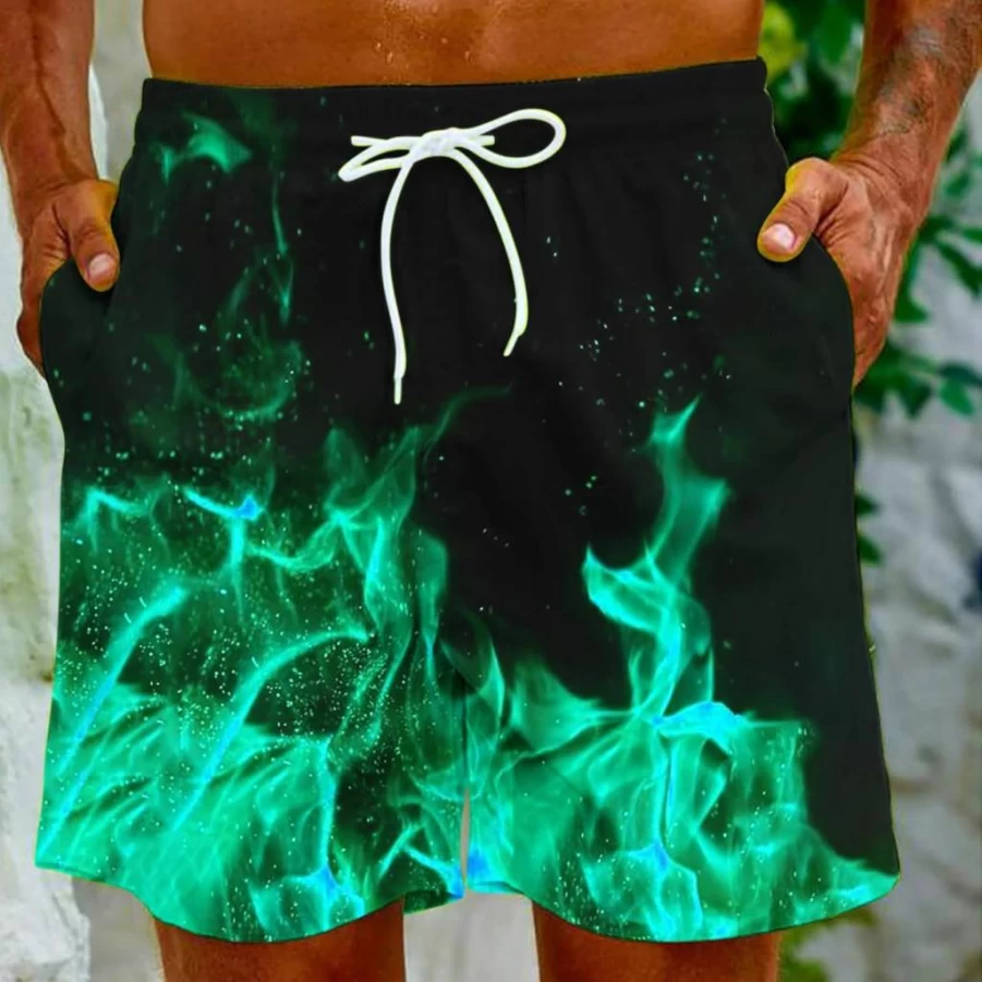 Men's Quick-Dry Swim Shorts with 3D Flame Print - Lightweight Board Shorts for Swimming & Beach - Hawaii Style Bathing Suit Trunks