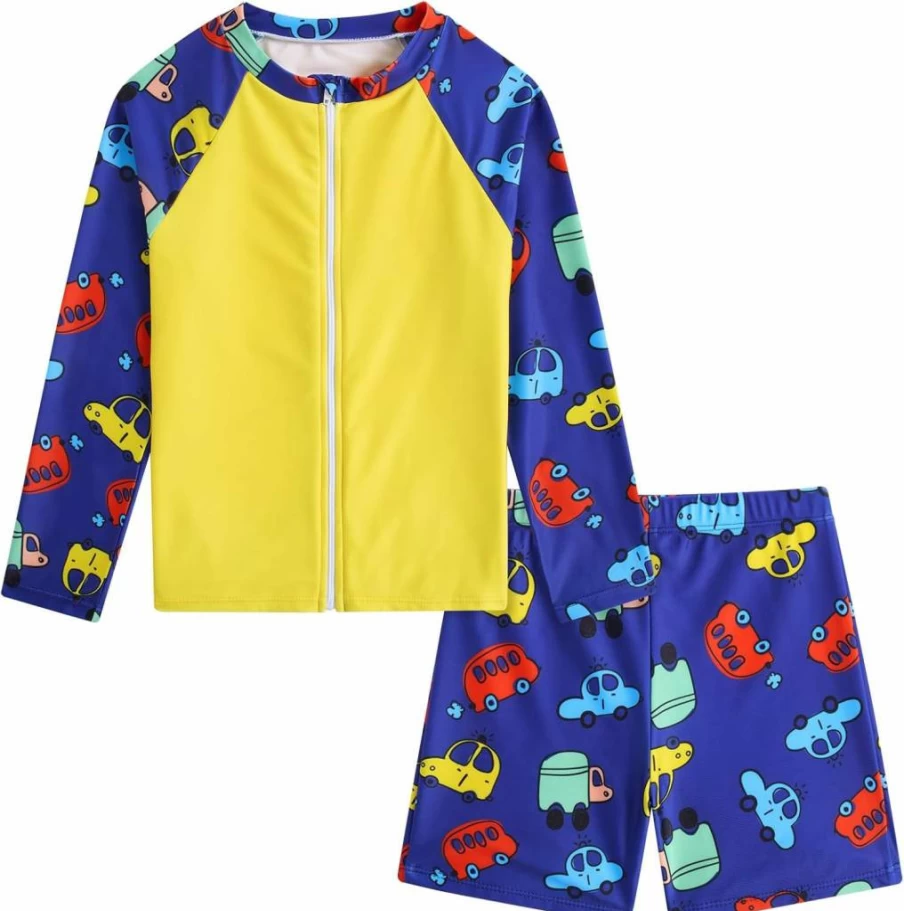 SunFocus UPF 50+ Boys Rash Guard Swim Set with Zipper & Shorts for Ages 3-9 Years