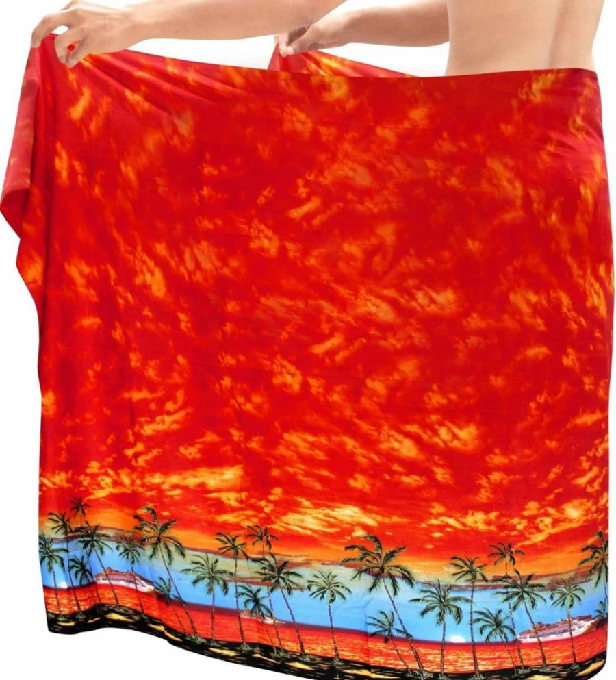LA LEELA Men's Swim Trunks - Quick Dry Beach Shorts with Sarong Wrap, Summer Swimwear, One Size, Sunset Design E742