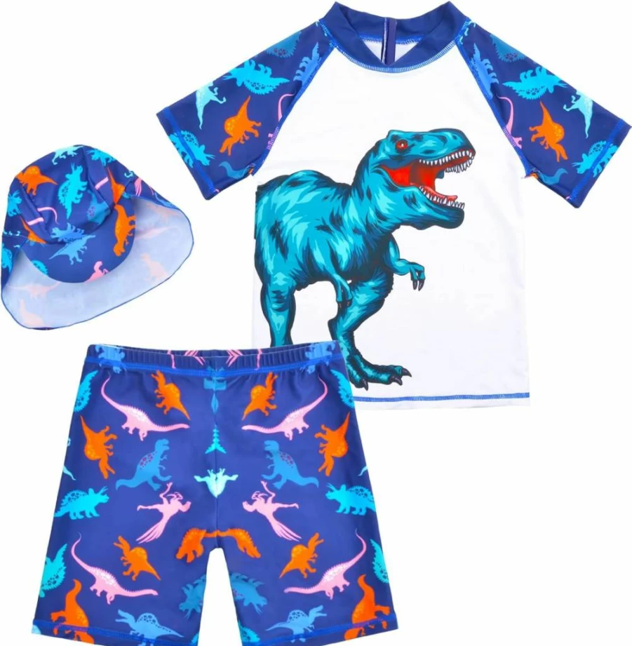 AuSletie Boys Dinosaur Rash Guard Swimsuit Set with Sun Cap - UPF 50+ UV Protection Swimwear for Kids 2-6 Years