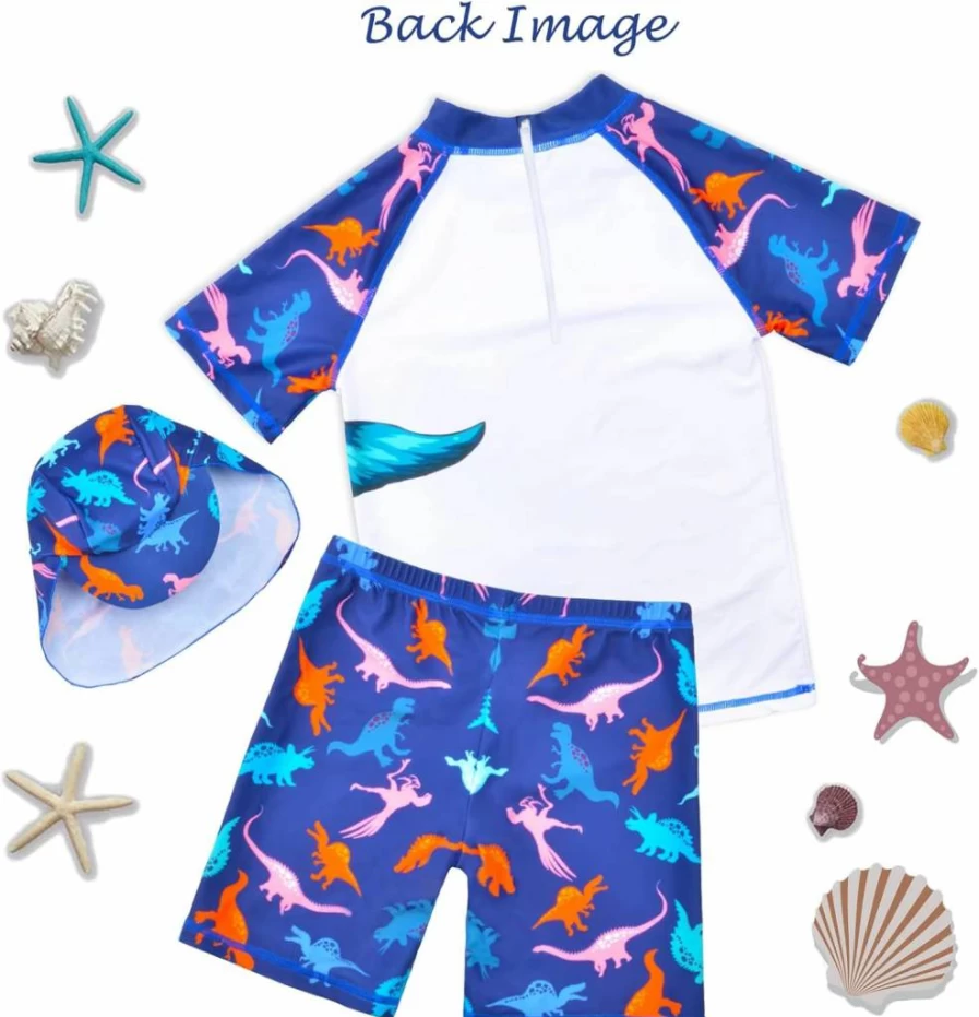 AuSletie Boys Dinosaur Rash Guard Swimsuit Set with Sun Cap - UPF 50+ UV Protection Swimwear for Kids 2-6 Years