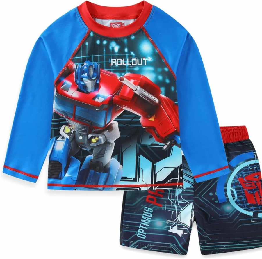 Transformers Optimus Prime Boys Swimwear Set - UPF 50+ Rash Guard & Swim Trunks for Big Kids