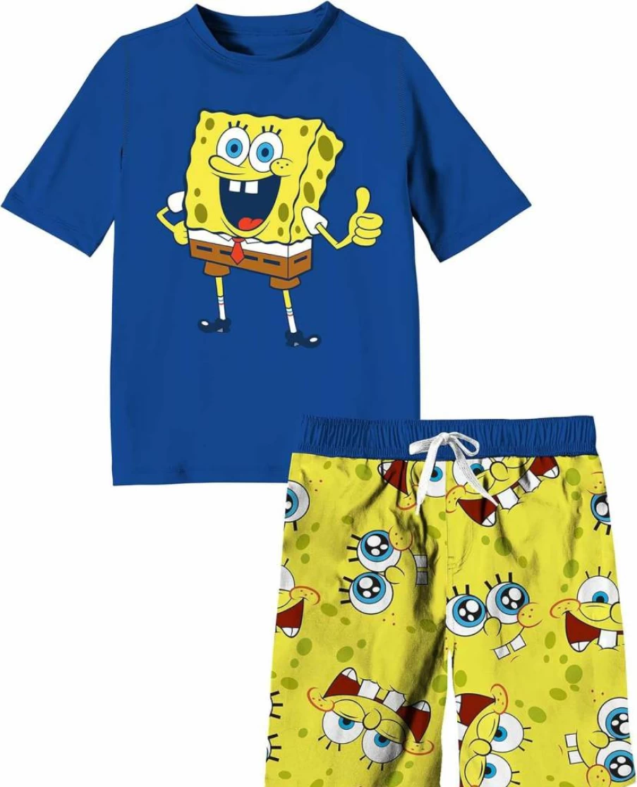 Isaac Morris Spongebob Squarepants Boys Swimwear Set - Quick-Dry Swim Trunks & Rash Guard UPF 50+