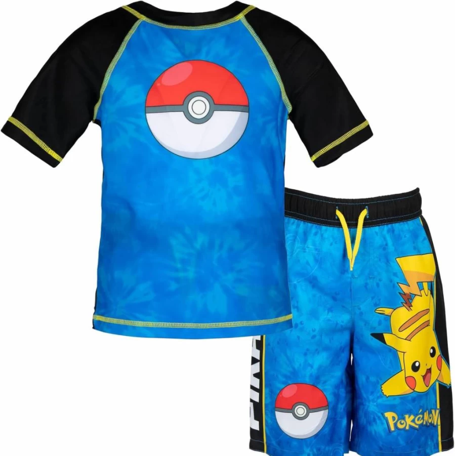 Pokemon UPF 50+ Kids Rash Guard and Swim Trunks Set for Boys and Girls (Sizes 4-16)