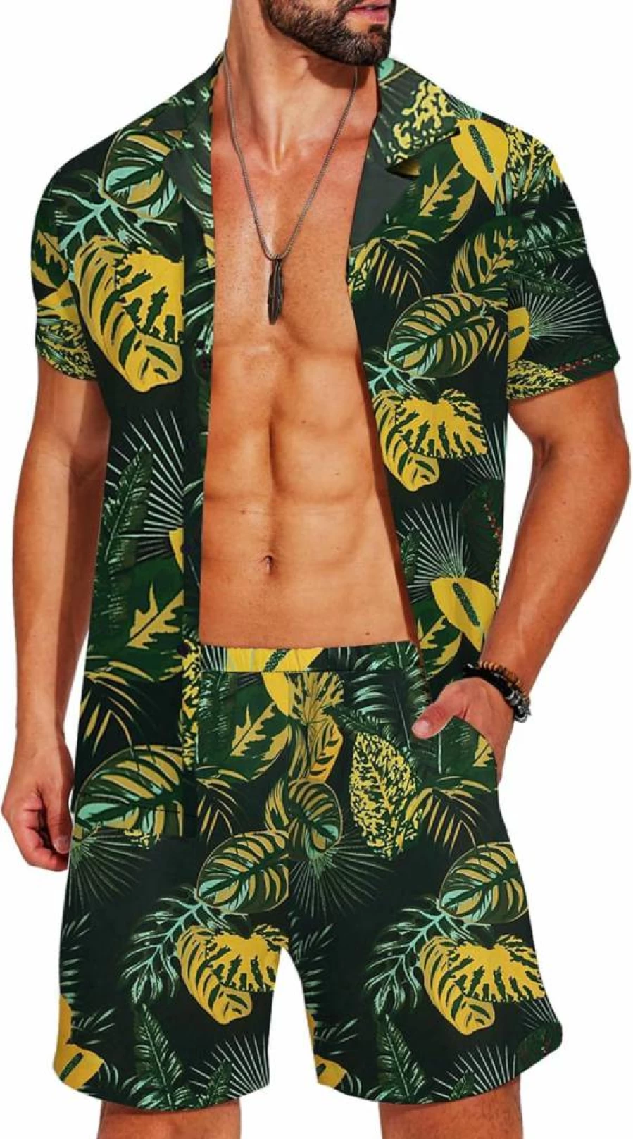 COOFANDY Men's Summer Hawaiian Shirt and Shorts Set - Beach Vacation Outfit, Short Sleeve Cuban Shirts with Matching Shorts