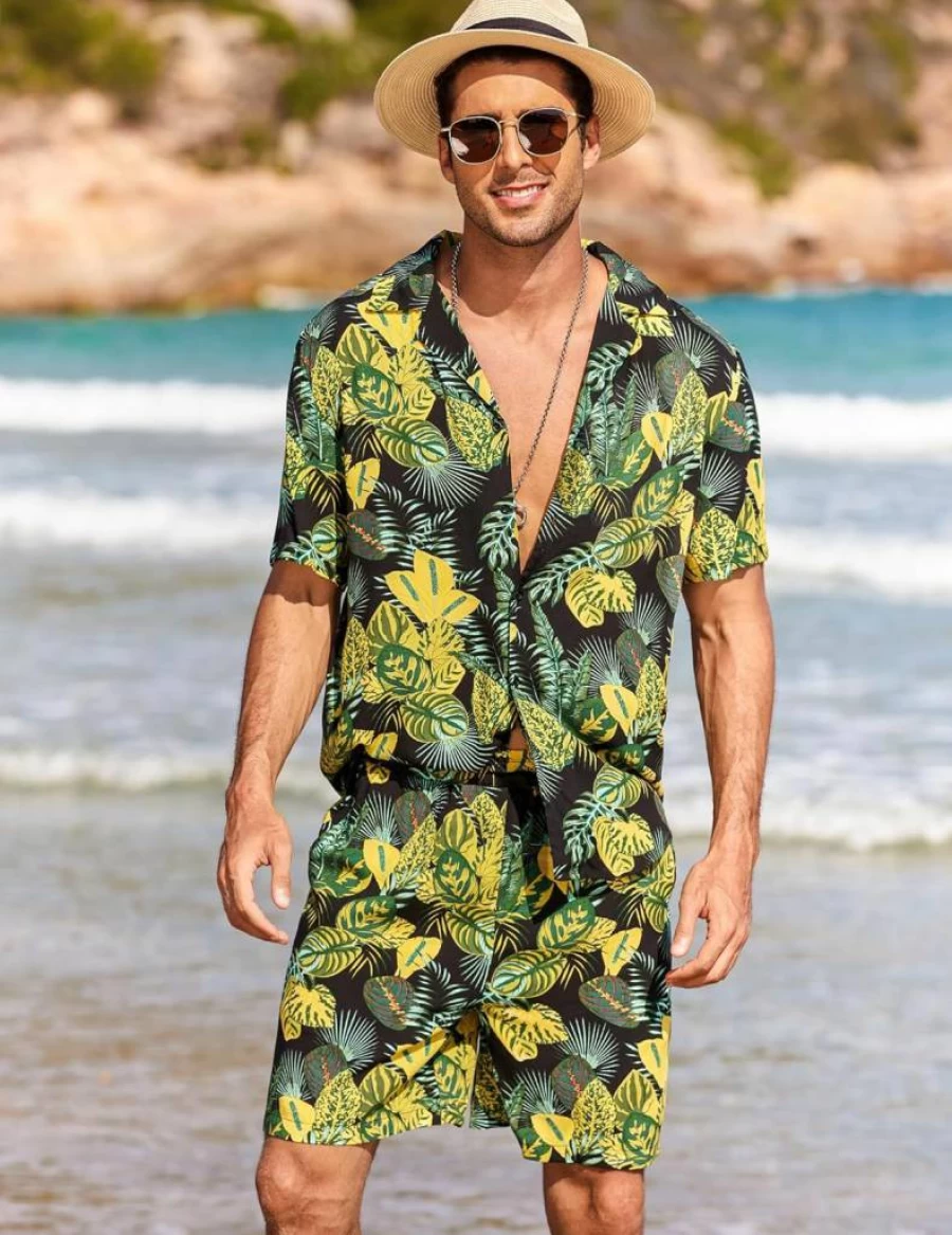 COOFANDY Men's Summer Hawaiian Shirt and Shorts Set - Beach Vacation Outfit, Short Sleeve Cuban Shirts with Matching Shorts