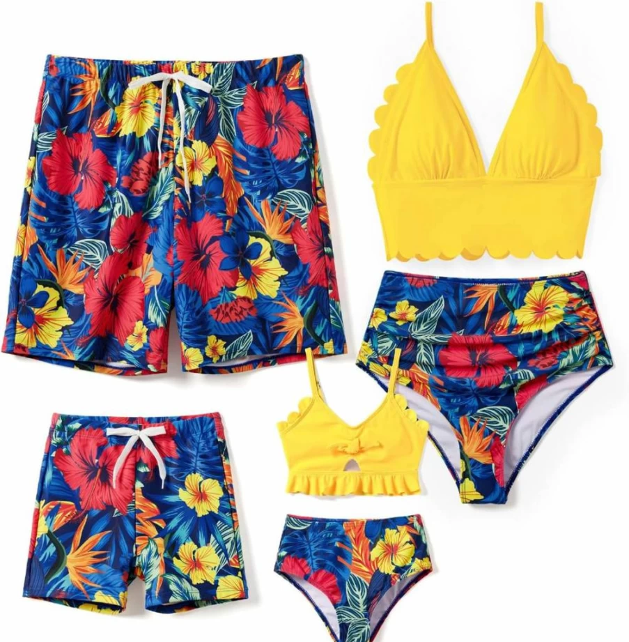 PATPAT Family Matching Swimwear Set: Solid Scallop Trim Bikini & Floral Print Swim Trunks