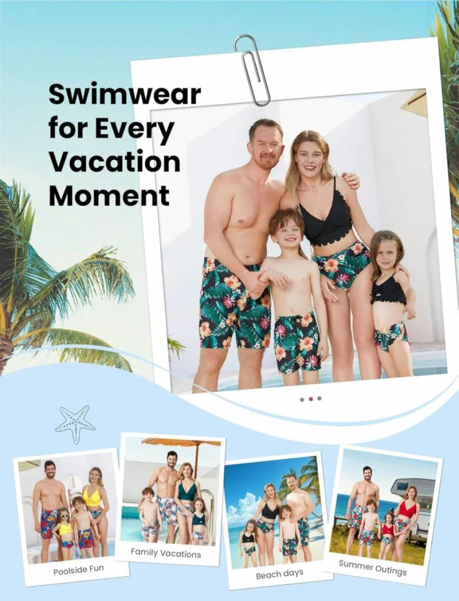 PATPAT Family Matching Swimwear Set: Solid Scallop Trim Bikini & Floral Print Swim Trunks