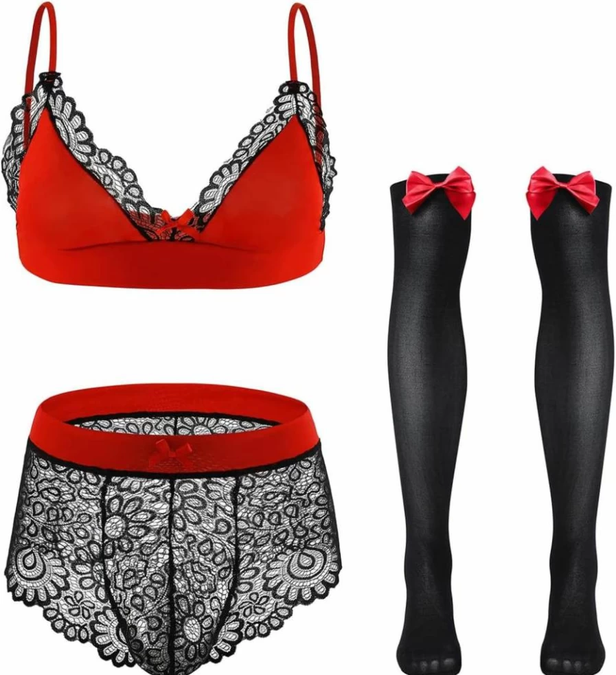 ABAFIP Men's Floral Lace Lingerie Set - Sissy Bra, Bikini Panties & Bowknot Stockings 3-Piece Sleepwear Nightwear