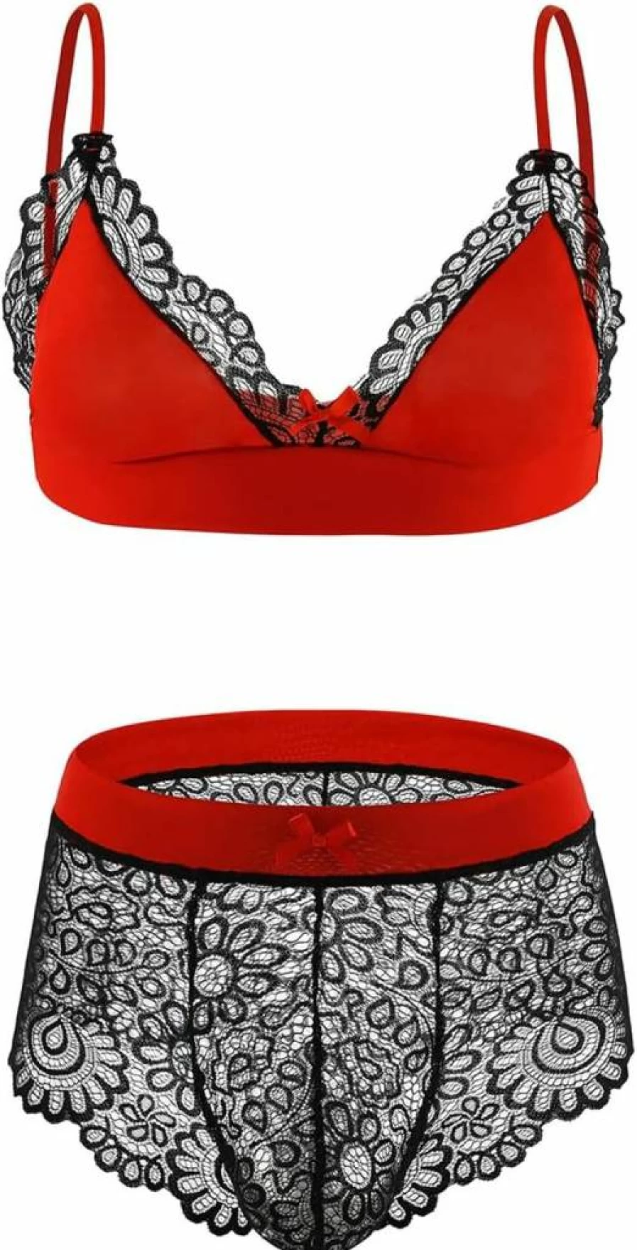 ABAFIP Men's Floral Lace Lingerie Set - Sissy Bra, Bikini Panties & Bowknot Stockings 3-Piece Sleepwear Nightwear