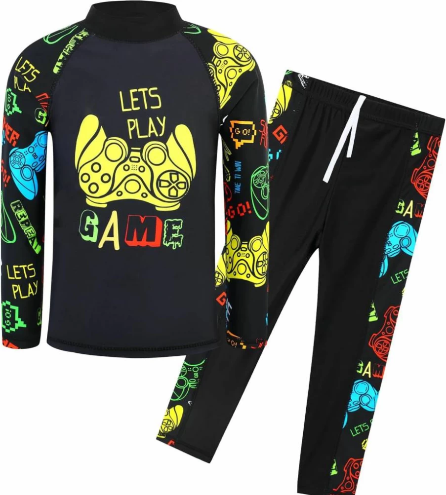 TFJH E Boys UPF 50+ Sun Protective Swimwear Set - 2-Piece Long Sleeve UV Rash Guard Swim Suit