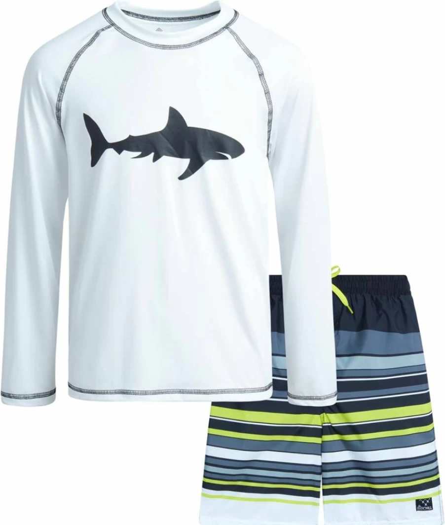 Big Chill Boys 2-Piece Rash Guard Swim Set - UPF 50+ Long Sleeve Shirt & Swim Trunks for Kids (Sizes 4-14) | Sun Protective Swimwear