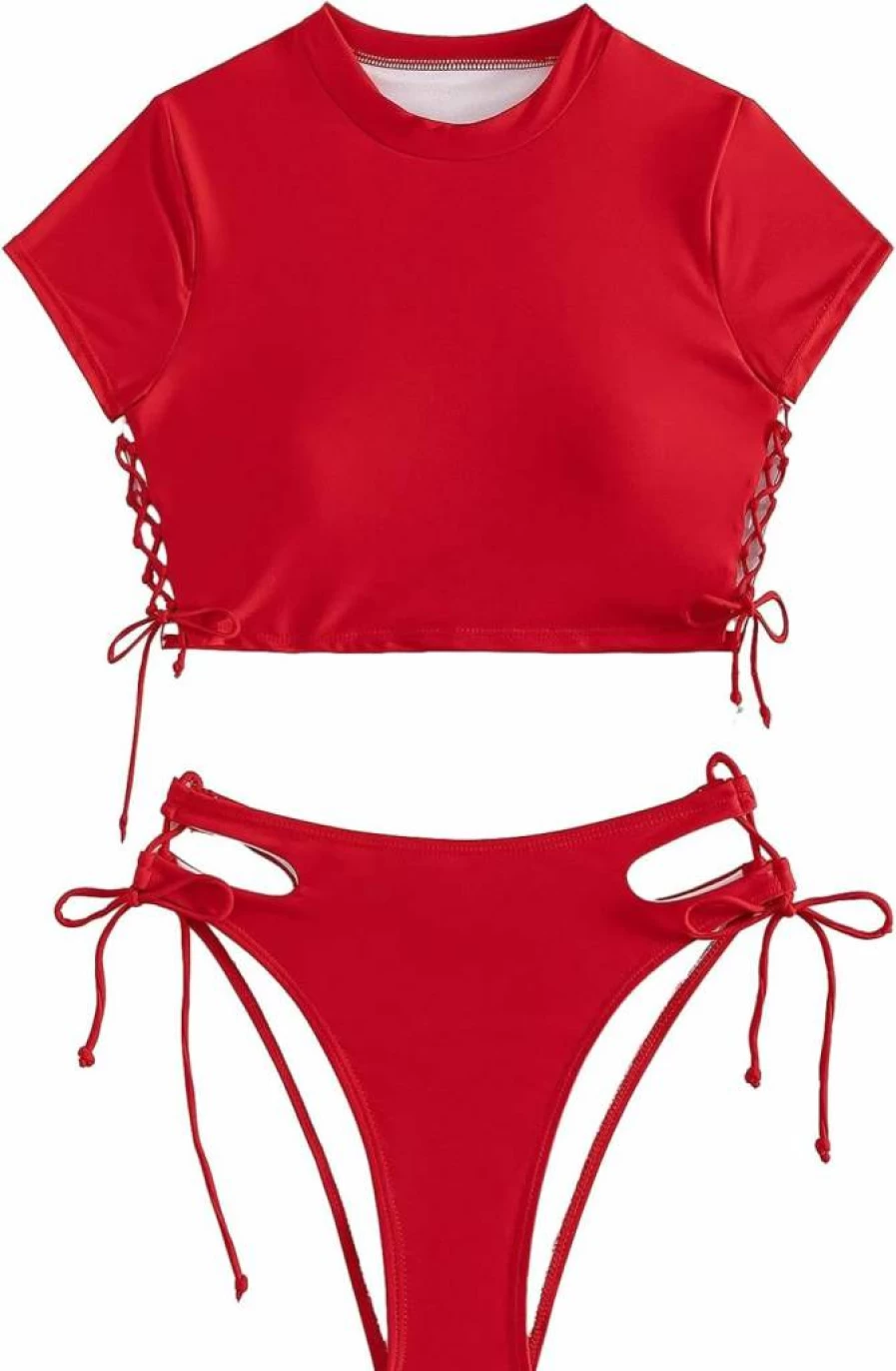 Lilosy Women's 2-Piece Drawstring Bikini Set with Short Sleeve Top and Tie-Side Bottom Swimsuit