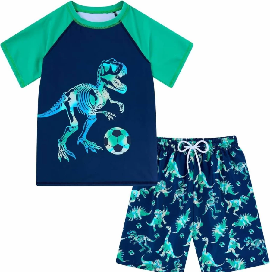 Love Wood Boys' Rash Guard & Swim Trunks Set - UPF 50+ Sun Protection for Kids 4-12 Years