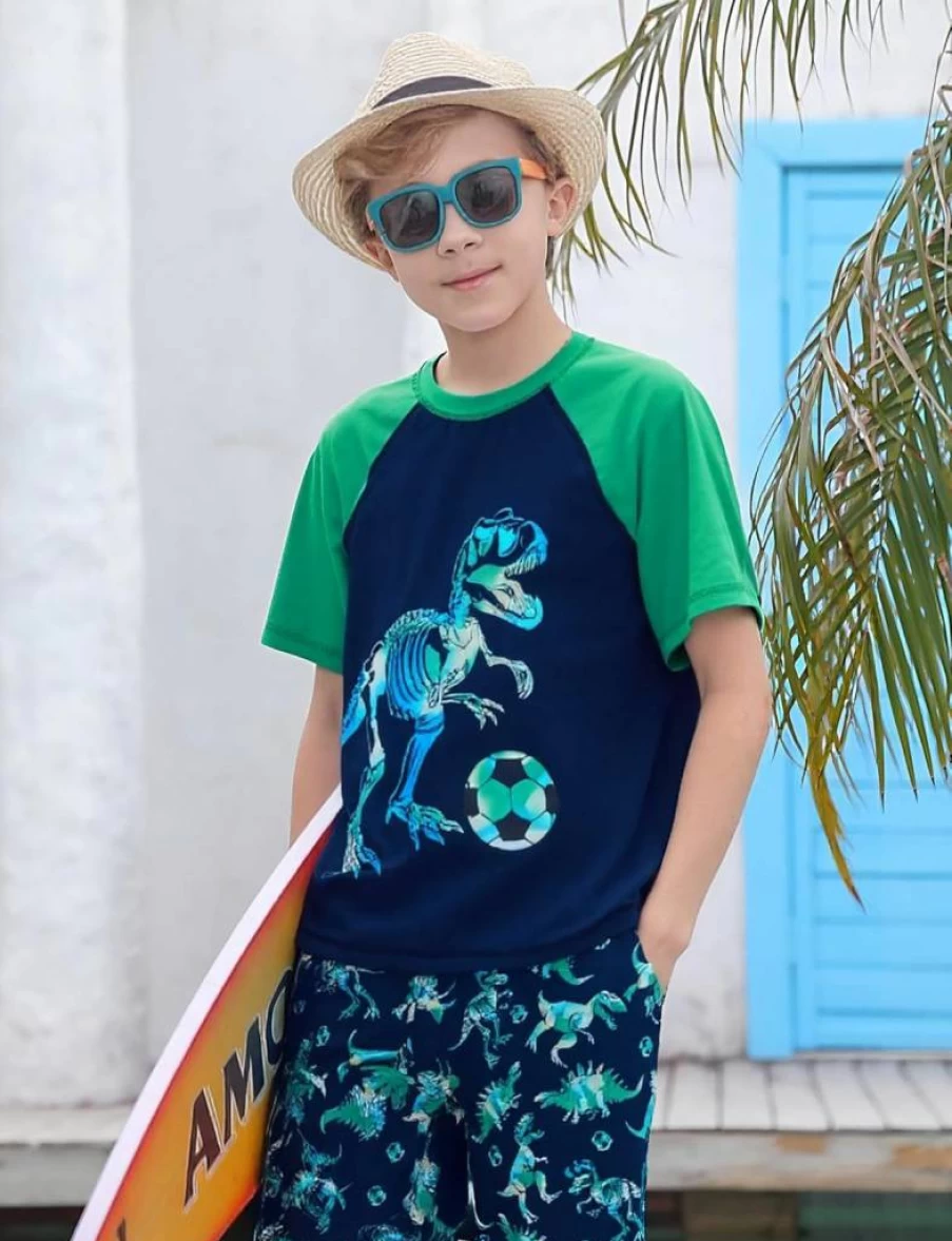 Love Wood Boys' Rash Guard & Swim Trunks Set - UPF 50+ Sun Protection for Kids 4-12 Years
